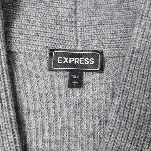 Express Gray Wool Blend Chunky Knit Shawl Collar Cardigan Sz L Button Front - Picture 3 of 6
